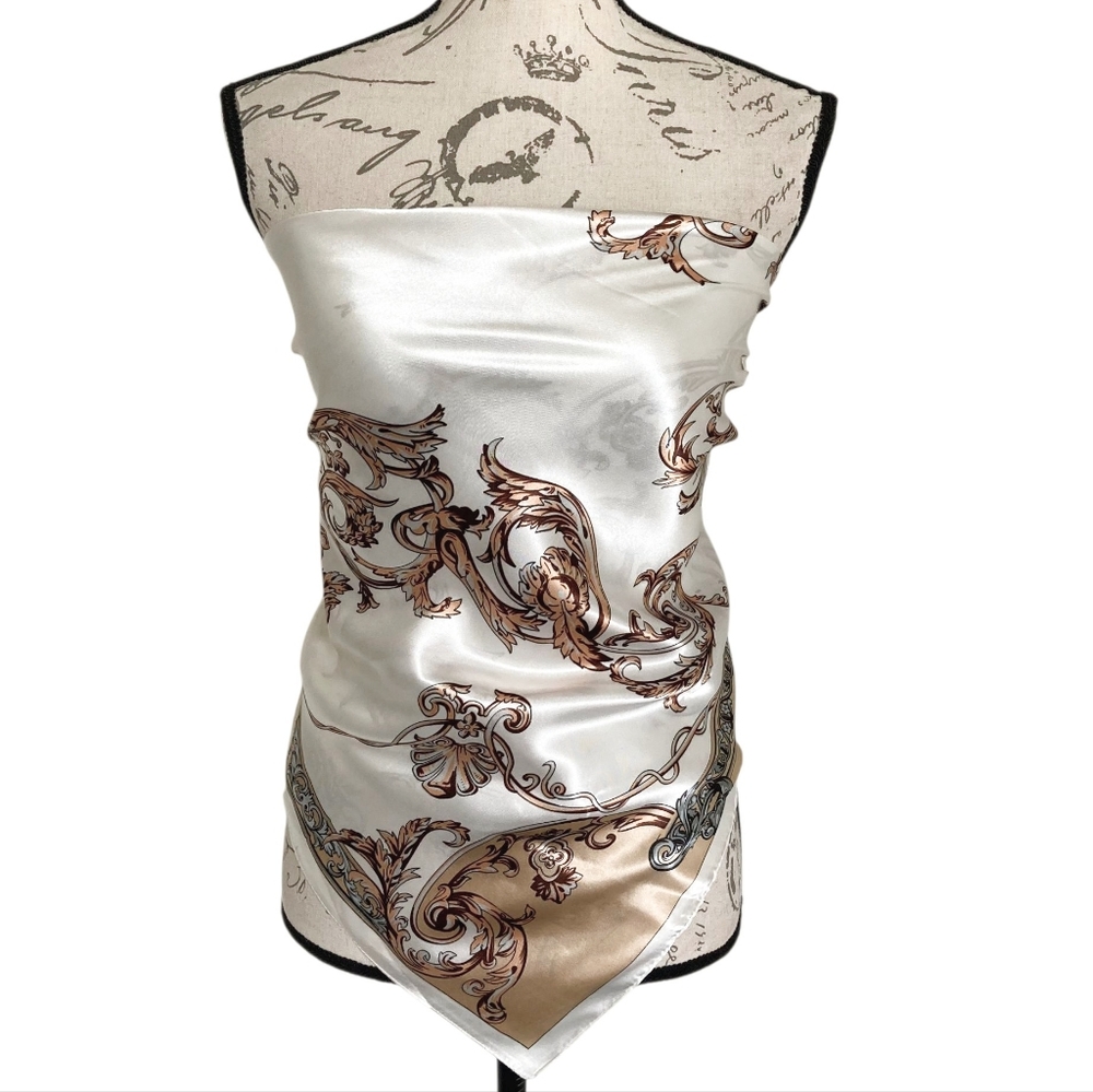 Ivory Baroque Satin Square Oversized Scarf Old Money Hair Neck Bag classic